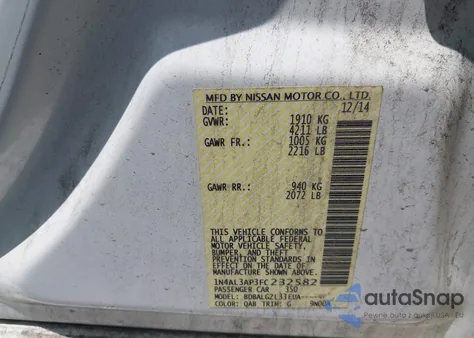 2015 Nissan Altima 2.5/2.5 S/2.5 Sl/2.5 Sv z USA, uszkodzony, nr VIN 1N4AL3AP3FC232582